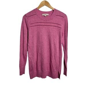 LOFT Stitched Yoke Tunic Sweater Women M Pink LightWeight Prep Wool Blend Spring
